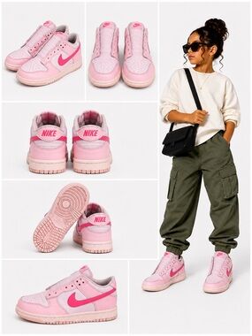 Nike Dunk Low GS Pink Foam & Hyper Pink Kids Sneakers – No Laces